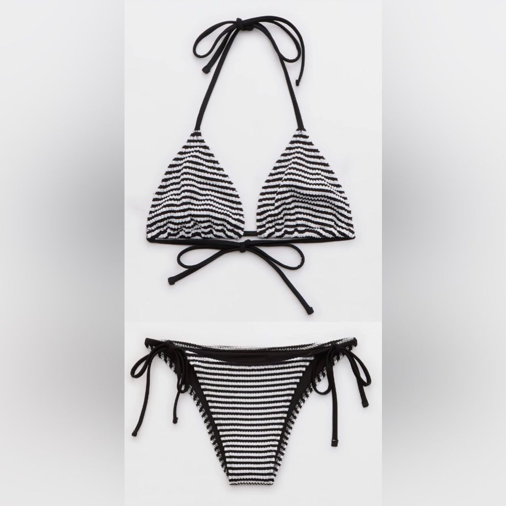 NWT Aerie FULL SET Crinkle Stripe String Triangle Bikini Top + Tie Bottom - L
